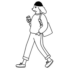 Dog character walking with coffee cartoon illustration