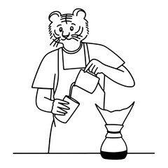 Tiger barista making coffee cartoon illustration