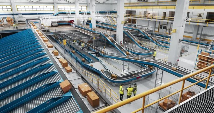 Logistics Center Employees Working in a Mail Service Warehouse Facility. Specialists Having Conversations Next to Automated Conveyor Belt System, Managing Online Orders on Laptop Computers