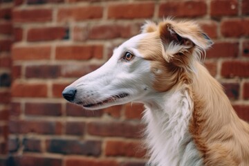 Close-up portrait photography of a cute borzoi barking wearing a cashmere sweater against a vintage brick wall. With generative AI technology