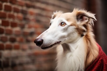 Obraz premium Close-up portrait photography of a cute borzoi barking wearing a cashmere sweater against a vintage brick wall. With generative AI technology