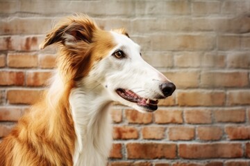 Fototapeta premium Close-up portrait photography of a cute borzoi barking wearing a cashmere sweater against a vintage brick wall. With generative AI technology