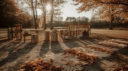 Bohemian cozy wedding ceremony decor in autumn season 