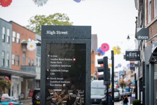 GUILDFORD, SURREY, UNITED KINGDOM: High Street sign with local information on Guildford High Street