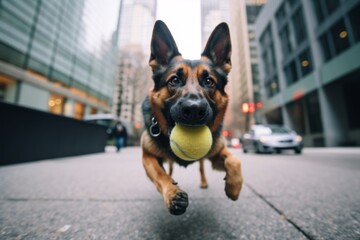 Medium shot portrait photography of a funny german shepherd fetching ball wearing a dapper suit against a busy urban street. With generative AI technology - obrazy, fototapety, plakaty