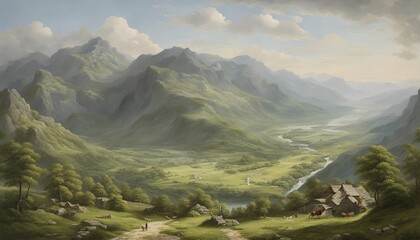 Painting of a green valley in the mountains in summertime