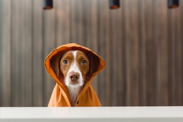 Environmental portrait photography of a cute brittany dog nose bumping wearing a raincoat against a modern minimalist interior. With generative AI technology - obrazy, fototapety, plakaty