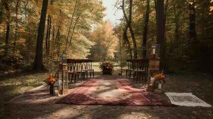 Fototapeta na wymiar Vintage and bohemian autumn wedding decoration in the forest 