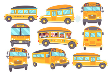 Yellow school bus front, side, back view set transport for student delivery vector illustration © Mykola Syvak