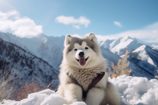 Environmental portrait photography of a smiling siberian husky whining wearing a teddy bear costume against a snowy mountain range. With generative AI technology