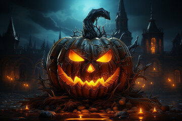 Fototapeta premium gruselig leuchtender Halloween Kürbis mit Lichteffekten. Happy Halloween. Querformat. Generative Ai.