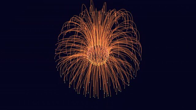 A 3D firework bursts in the night sky, composed of vibrant orange sparks arranged in a circular pattern against a black background for added visual impact