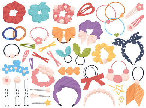 Hair grooming scrunchies accessories and decoration, hairband an bow isolated female beauty set