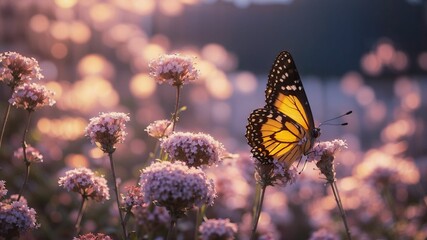 a butterfly sitting on a flower in a field of flowers at sunset