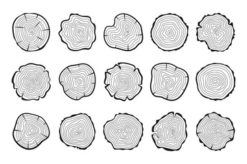 Cross section tree, wood wavy ring pattern from, trunk circle slice, lined stump isolated set