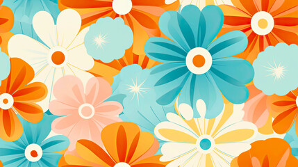 Obraz premium Seamless 70s Retro Style poster art with flowers, and retro colors such as orange, pale blue, yellow and greens. Background wall art. Repetitive texture.