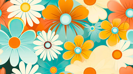 Fototapeta na wymiar Seamless 70s Retro Style poster art with flowers, and retro colors such as orange, pale blue, yellow and greens. Background wall art. Repetitive texture.