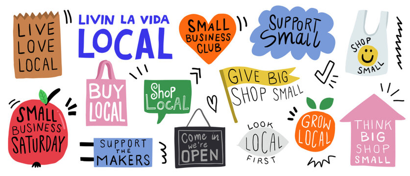 Small business club. Buy local, shop small and support local businesses. Set of hand drawn vector illustrations on white background.