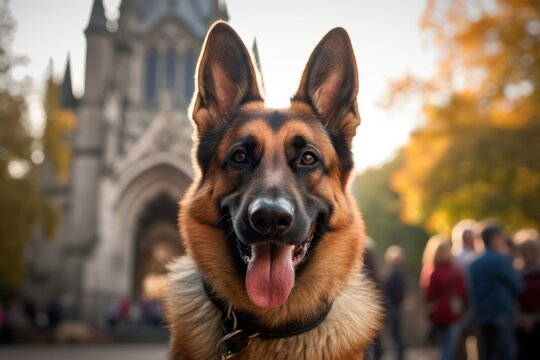 Medium shot portrait photography of a happy german shepherd rubbing against people wearing a visor against a historic castle backdrop. With generative AI technology