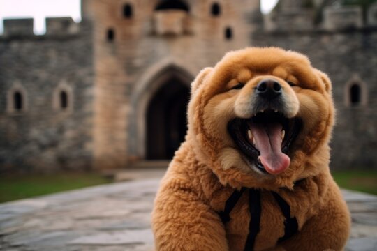 Medium shot portrait photography of a smiling chow chow dog licking face wearing a teddy bear costume against a historic castle backdrop. With generative AI technology