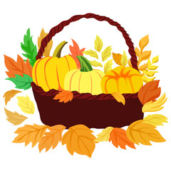  illustration basket with autumn harvest, autumn leaves, agriculture, fall season, design element