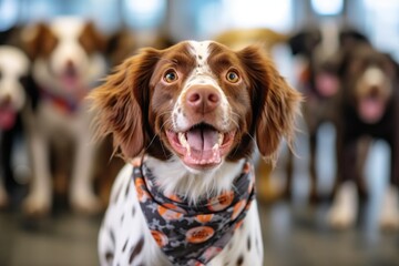 Group portrait photography of a funny brittany dog barking wearing a polka dot bandana against a busy airport terminal. With generative AI technology - obrazy, fototapety, plakaty
