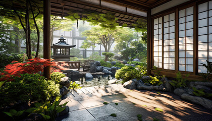 Tranquility in Tradition: A Japanese Tea Room Overlooking a Garden