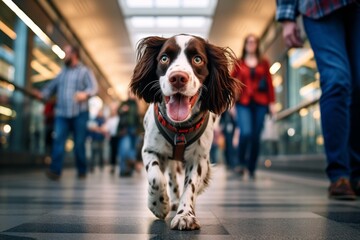 Environmental portrait photography of a curious english springer spaniel prancing wearing a denim vest against a busy airport terminal. With generative AI technology
