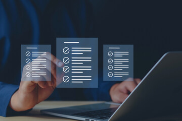 Businessman showing check mark summarizing job Compile lists, votes, and to-do lists. Checklists, task lists, and summaries description checklist Documents and online quality assessment standards - obrazy, fototapety, plakaty