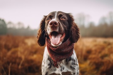 Medium shot portrait photography of a smiling english springer spaniel winking wearing a snood against a quiet countryside landscape. With generative AI technology - obrazy, fototapety, plakaty