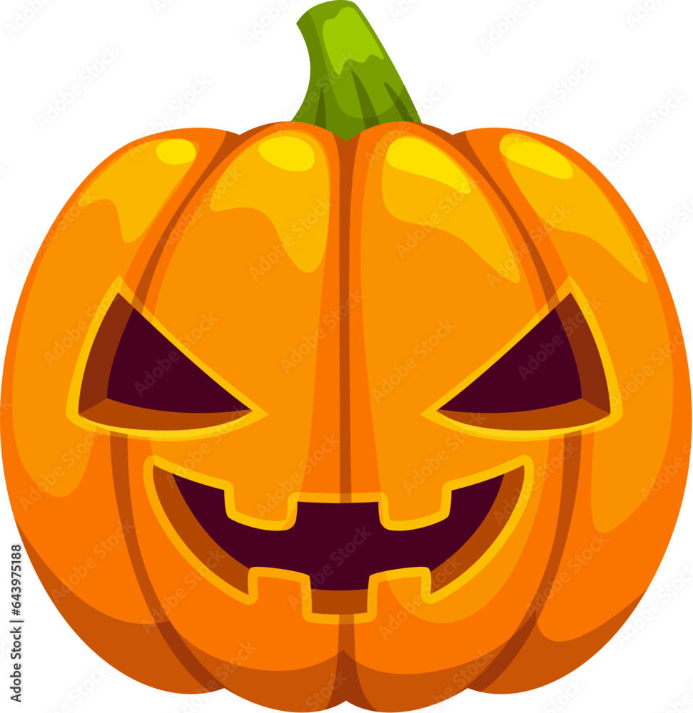 Wall mural cartoon grinning halloween pumpkin face emoji with wide eyes and toothy smile. isolated vector jack 