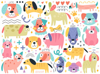 Cute dogs set childish hand drawn funny doodle puppy characters colorful vector illustration