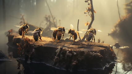 Obraz premium forest bees on a stump, wildlife bee hive, insects making honey, beautiful nature background
