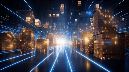 warehouse technology of the future, warehouse program, neon background, futuristic computer graphics design