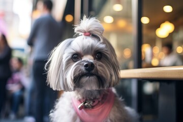 Close-up portrait photography of a cute lowchen dog bumping head wearing a tutu skirt against a bustling city cafe. With generative AI technology