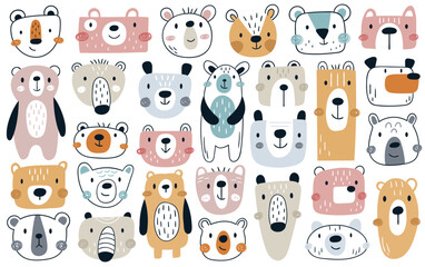 Childish funny bears wild forest animal doodle hand drawn characters isolated set on white