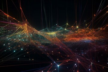 An artistic 3D visualization showing dynamic, interconnected cyber lines symbolizing vast fields of big data. Generative AI