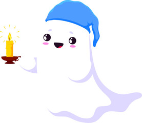 Cartoon Halloween kawaii ghost character dons a nightcap, clutching a lit candle. Adorable yet eerie, a blend of innocence and spookiness. Isolated vector charming baby spook personage wander at night