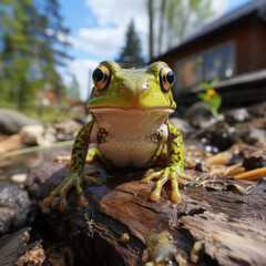 A green frog is jumping on a brown log 
