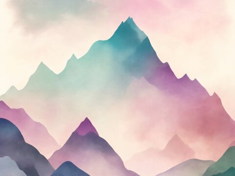 Big Moutain With Pastel Gradient Color, Fantasy Moutain Watercolor Background