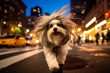 Headshot portrait photography of a happy lowchen dog prancing wearing a lion mane against a bustling city street at night. With generative AI technology