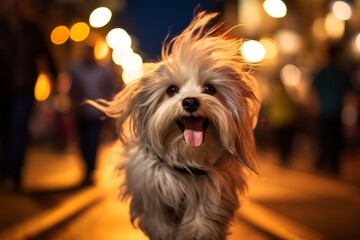 Headshot portrait photography of a happy lowchen dog prancing wearing a lion mane against a bustling city street at night. With generative AI technology