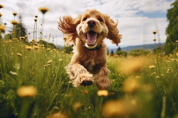 Close-up portrait photography of a happy cocker spaniel kicking after potty wearing a lion mane against a bright spring meadow. With generative AI technology