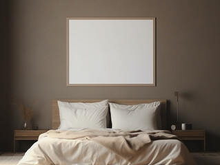 Modern cozy bedroom with blank empty photo frame on wall for decorative