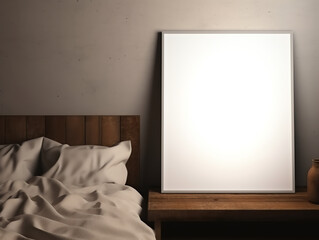 Modern cozy bedroom with blank empty photo frame on wall for decorative