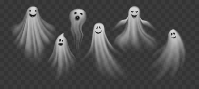 Realistic Halloween ghosts and cartoon boo poltergeist or holiday monsters, vector transparent spirits. Halloween horror night spooky ghosts flying with scary faces and grim smiles for trick or treat