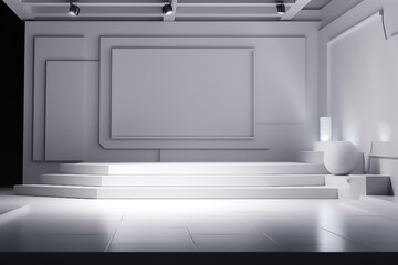 White Display mock up 3D luxury stage with LED light and simple shape decoration around it. generative AI