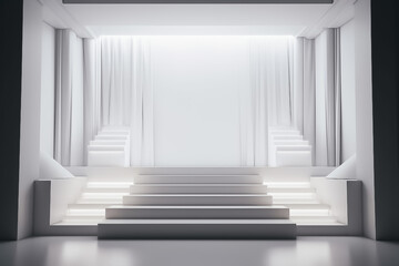 Obraz premium White Display mock up 3D luxury stage with LED light and simple shape decoration around it. generative AI