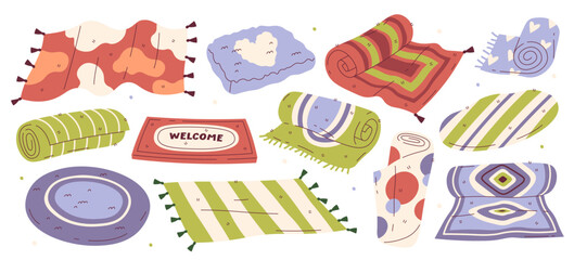 Cozy home floor carpet, mat and rug of different shape isolated set textile covering interior decor