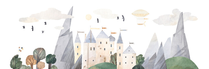 Medieval castle with mountains, hils and trees, clouds and birds. Watercolor background. Illustration for kids room.